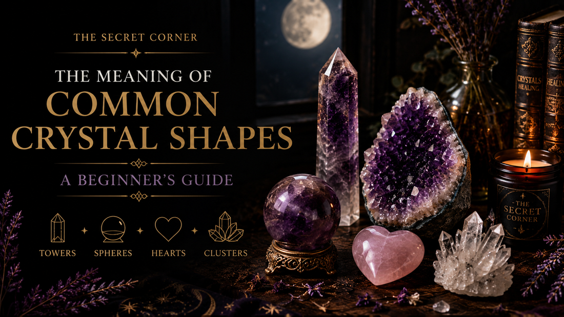 Common crystal shapes including towers spheres hearts clusters and palm stones