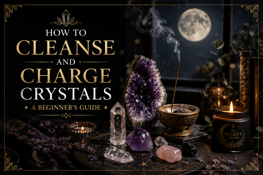 Crystal cleansing and charging guide with crystals incense and moonlight ritual tools
