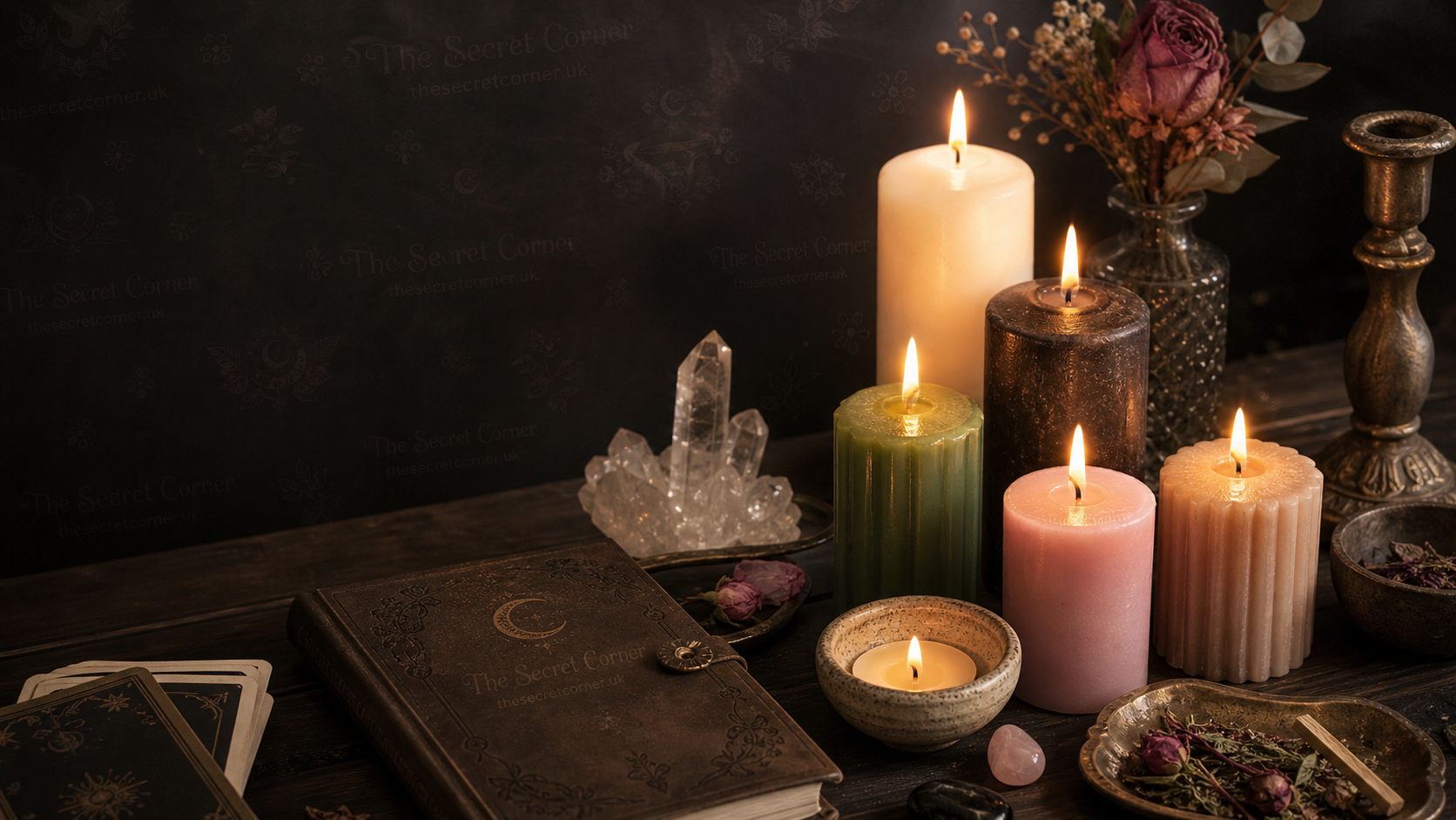 Candles, crystals and journal for simple candle rituals by The Secret Corner