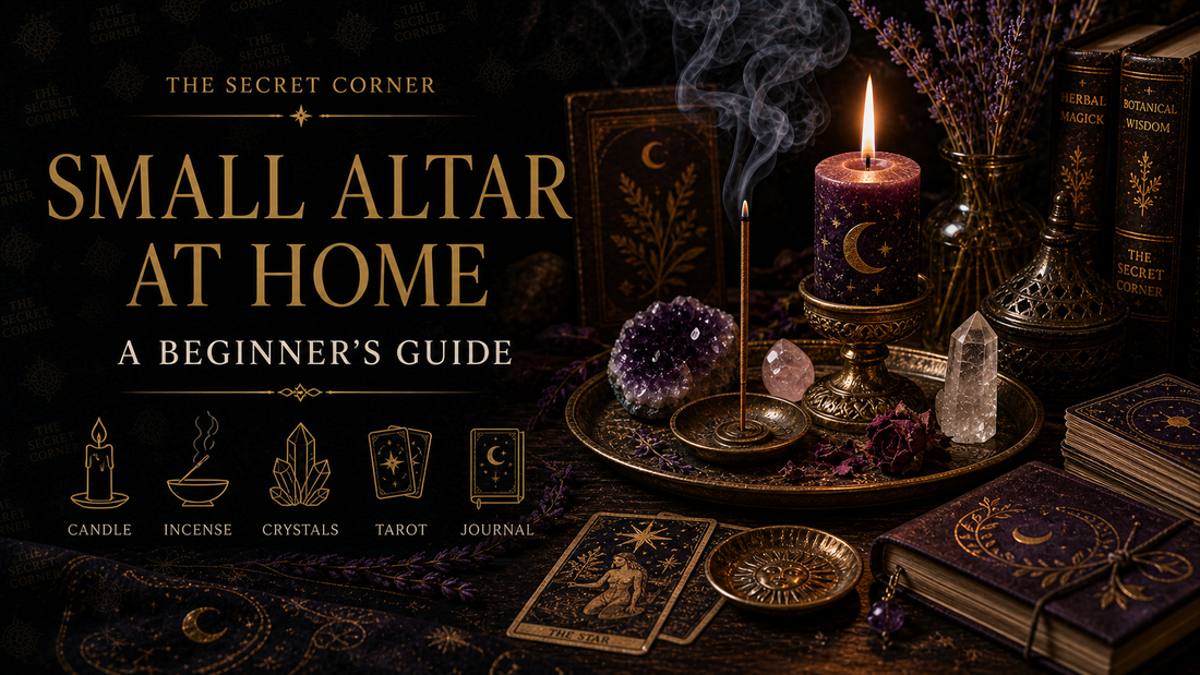 Small home altar setup with candles incense crystals and tarot cards