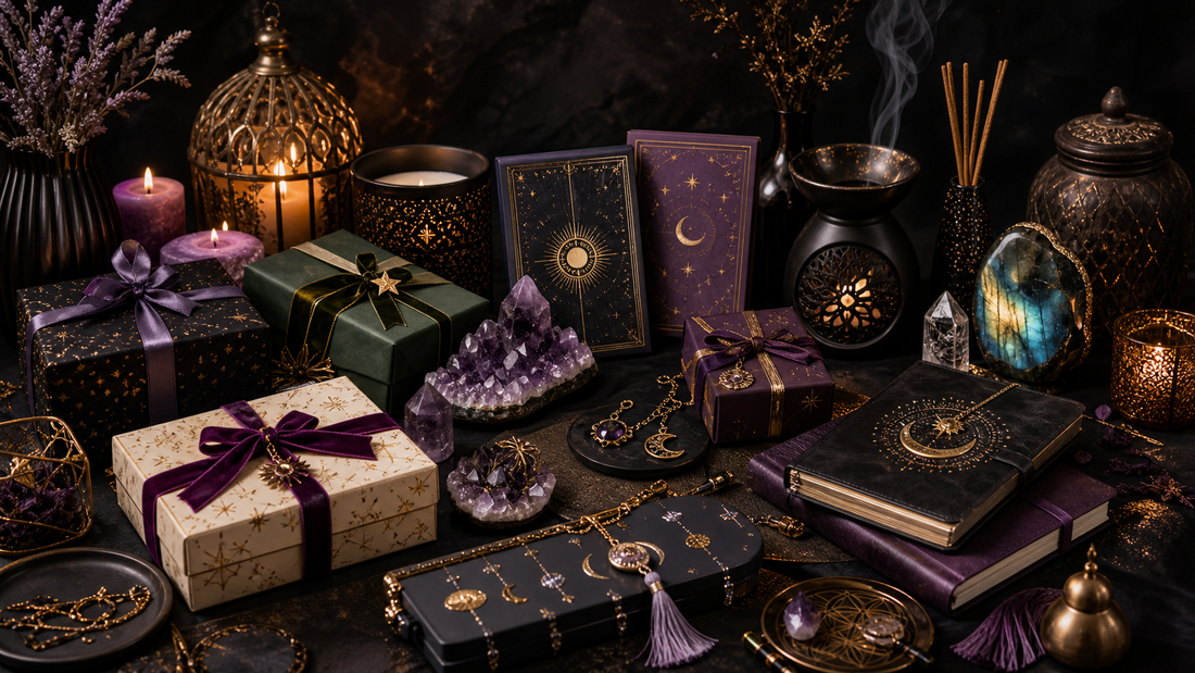 Witchy gift ideas including tarot, crystals, candles, journals and spiritual gifts