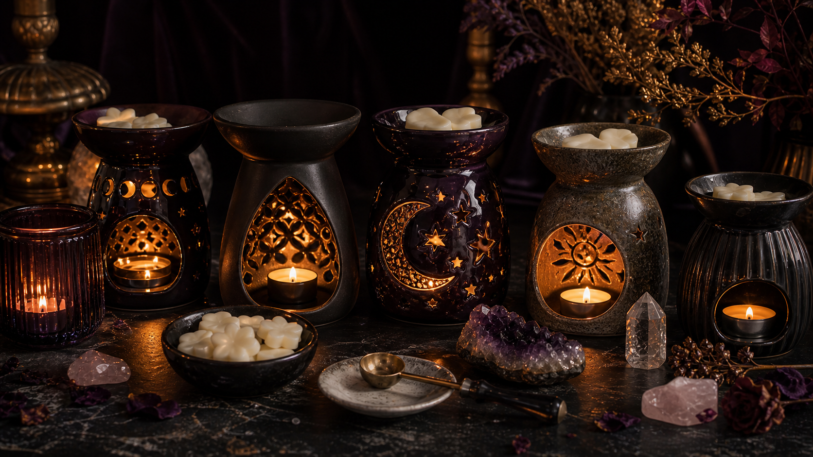 Oil Burners and Wax Warmers collection banner with ceramic burners, wax melts, tealights and mystical decor