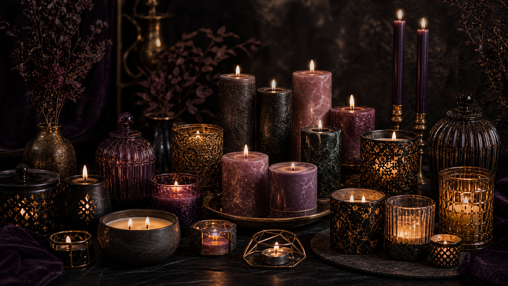 Candles collection banner with scented candles, spell candles, pillar candles and tealights in a dark mystical boutique display