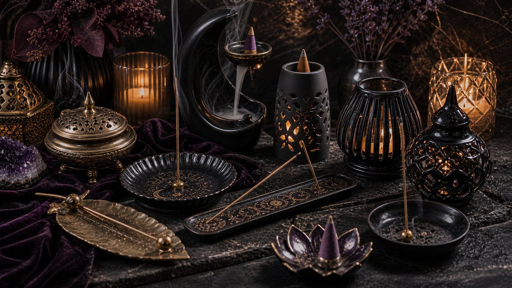 Incense Holders and Burners collection banner with ash catchers, cone burners, incense holders and gothic decor