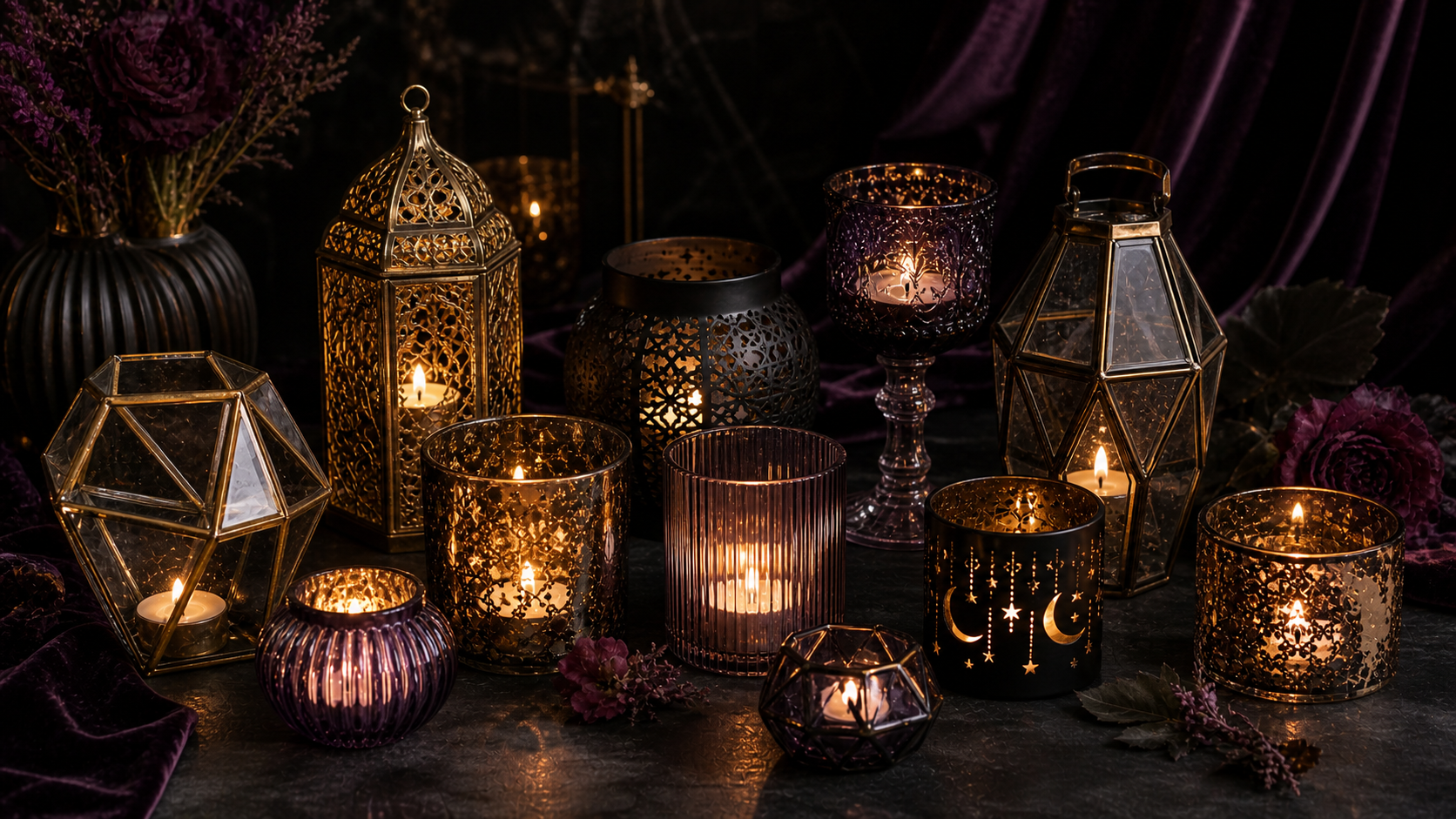Candle Holders collection banner with tealight holders, votive holders, lanterns and gothic candle decor