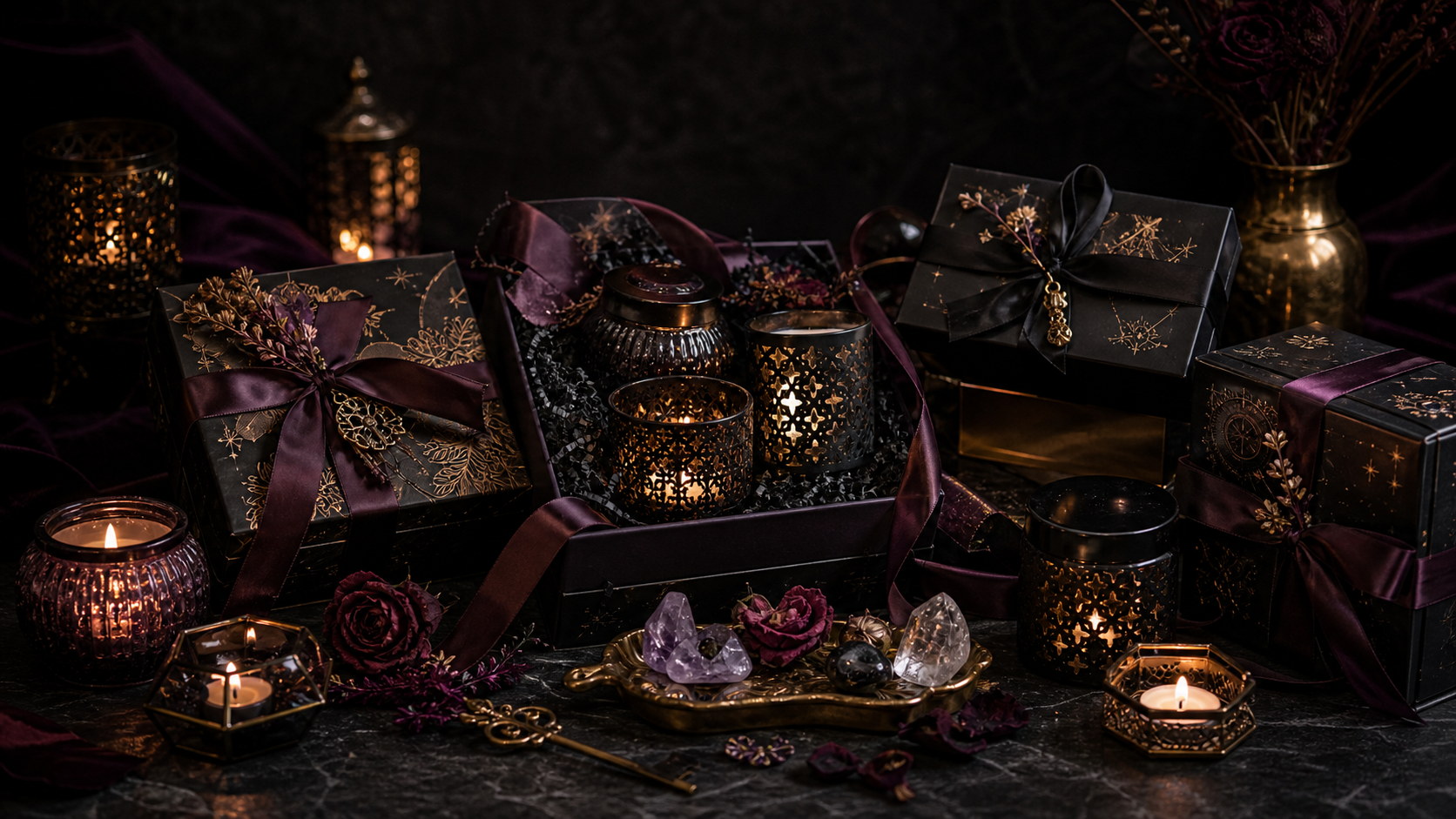 Mystical candle gift sets with dark velvet and warm candlelight