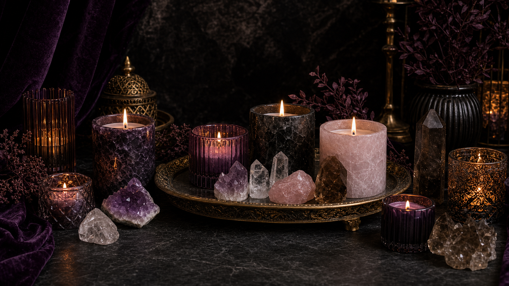 Crystal candles with amethyst and quartz