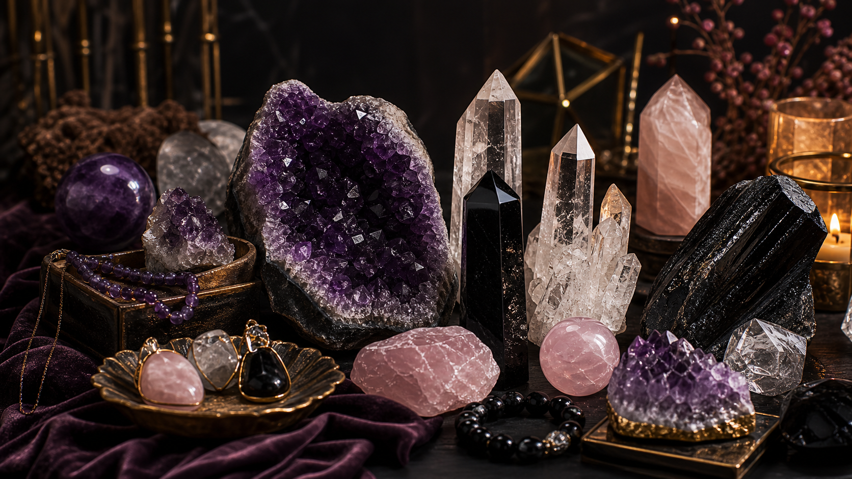 Crystals collection banner with amethyst, quartz, rose quartz and dark mystical decor