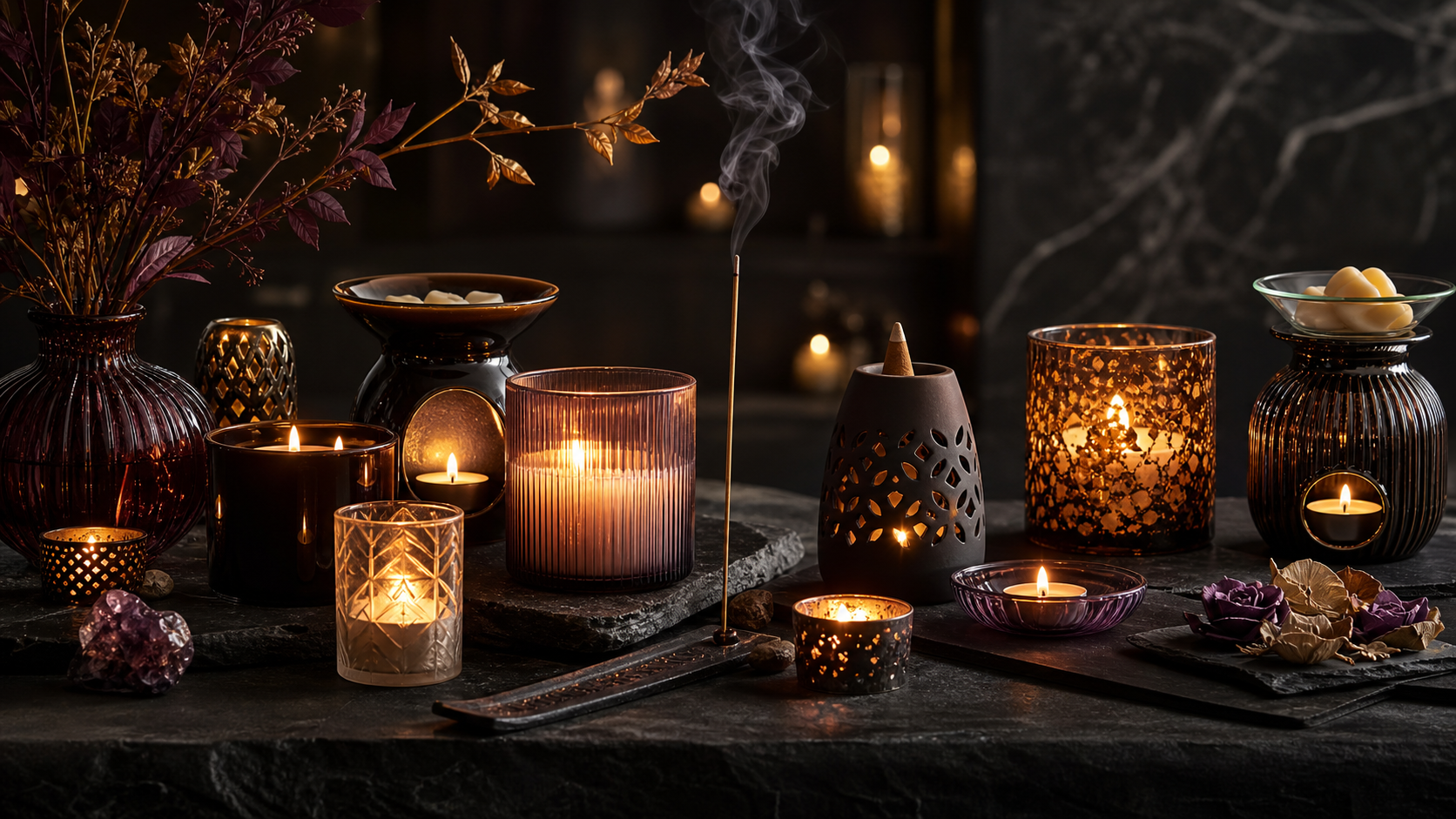 Home fragrance collection banner with candles, incense, oil burners and wax warmers