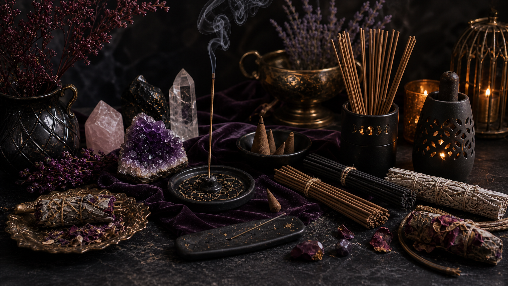 Incense Sticks and Cones collection banner with incense sticks, cones, smudge incense, crystals and botanicals