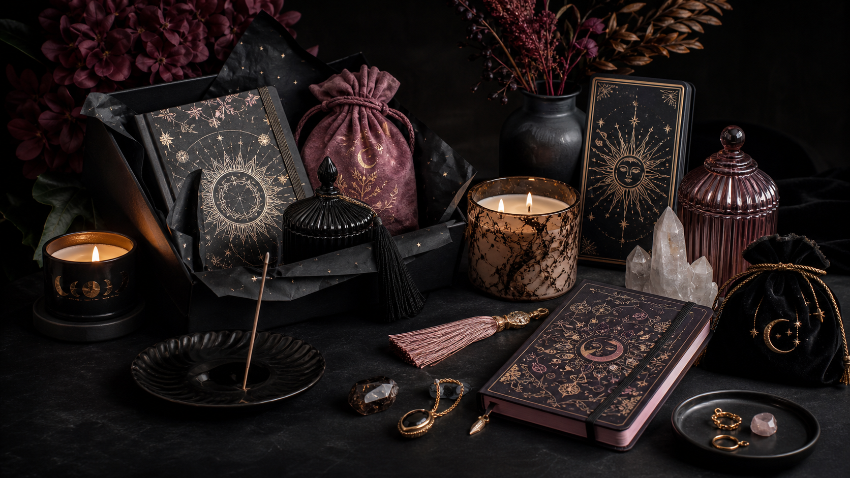New arrivals collection banner with gothic gifts, candles, incense, crystals and mystical stationery