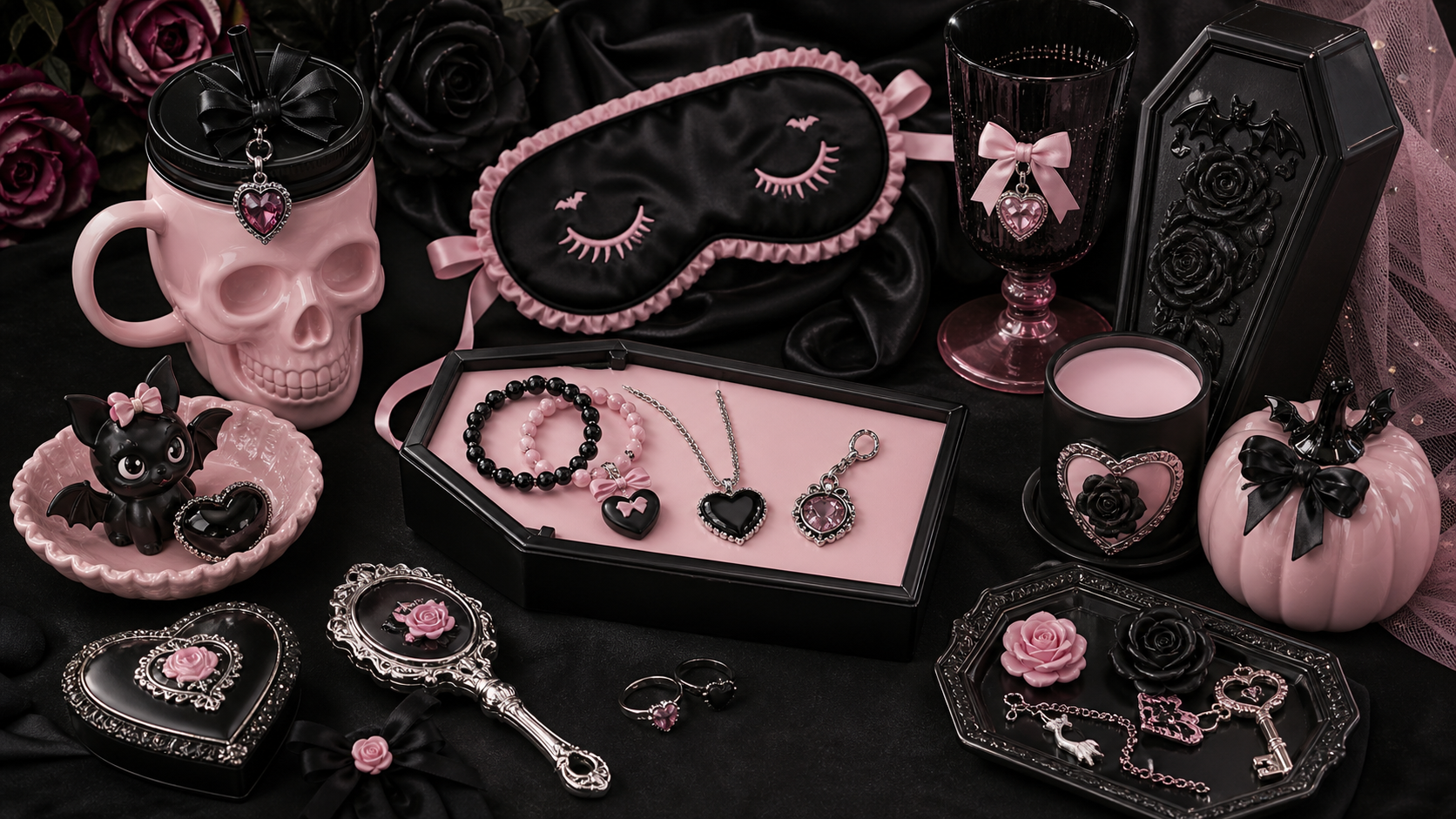 Pretty But Deadly collection banner with pink and black gothic gifts, accessories and spooky homeware