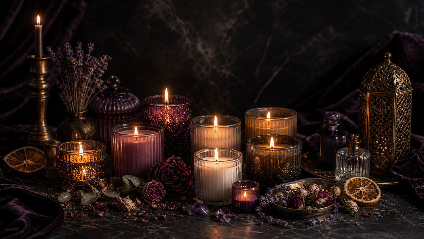 Scented candles in a dark mystical setting