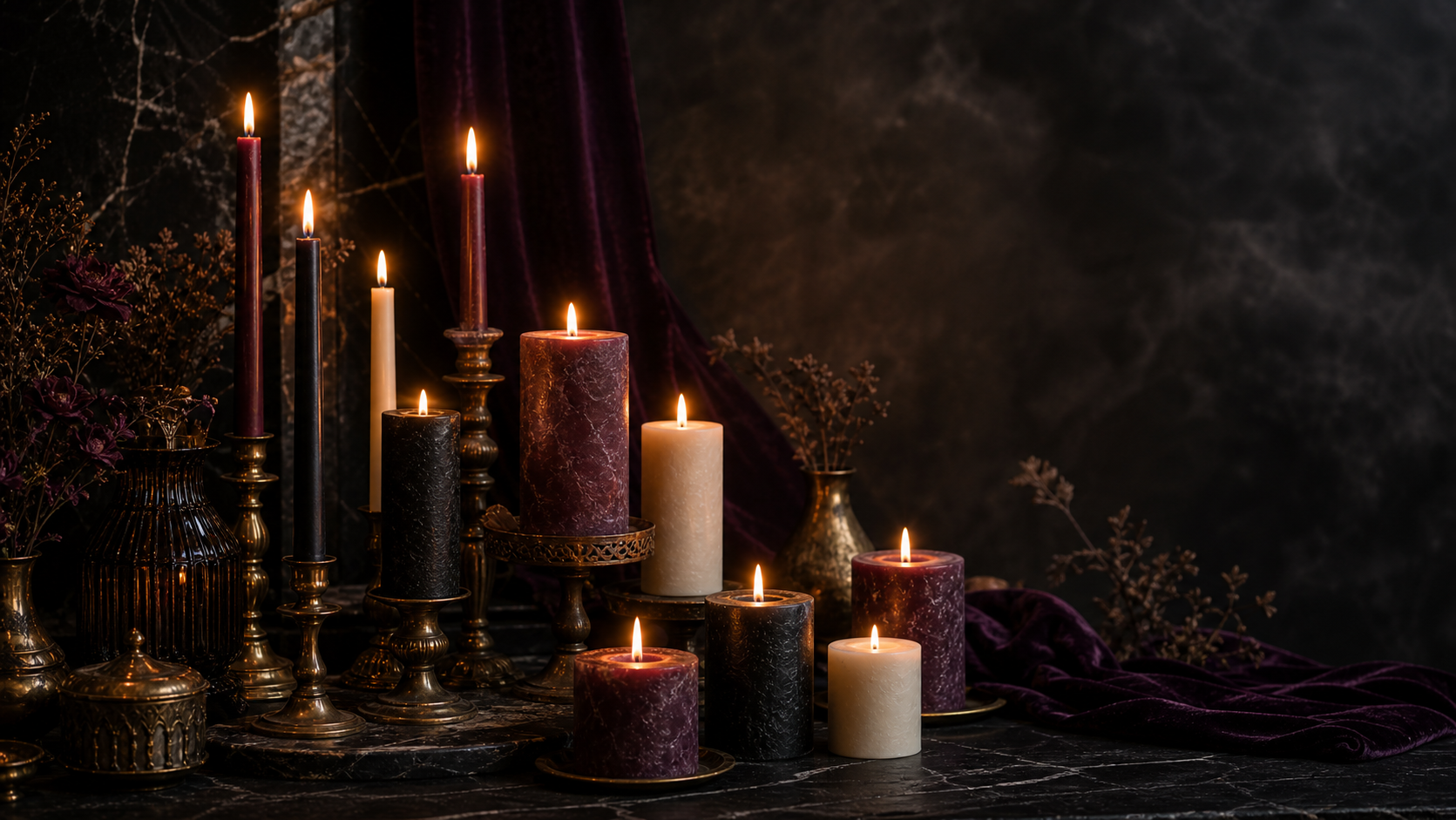 Taper and pillar candles in antique holders