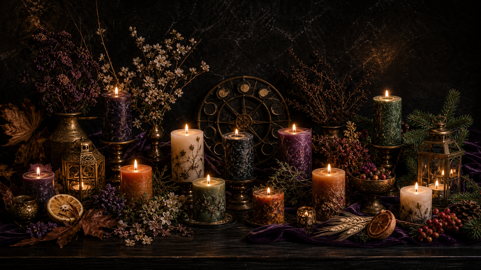 Seasonal Wheel of the Year candles with natural ritual details