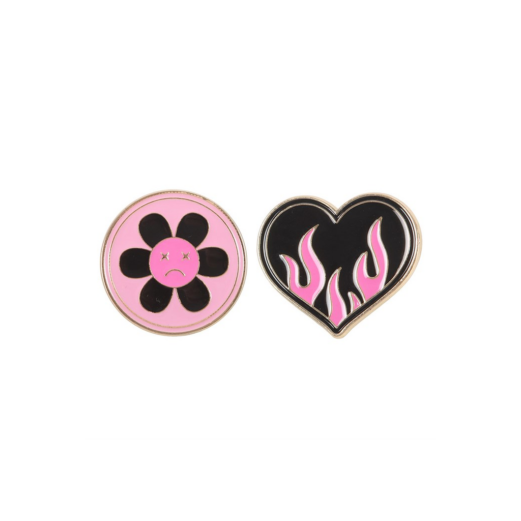 Burning Heart and Sad Flower Pin Badge Set