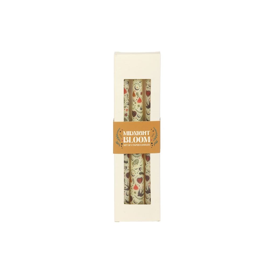 Set of 3 Cream Midnight Bloom Print Taper Candles