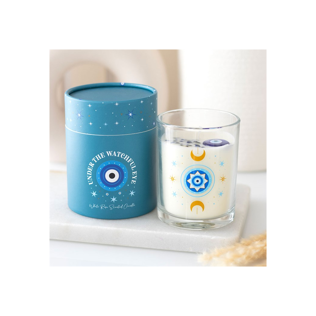 Under Watchful Eyes White Rose Candle with Crystals