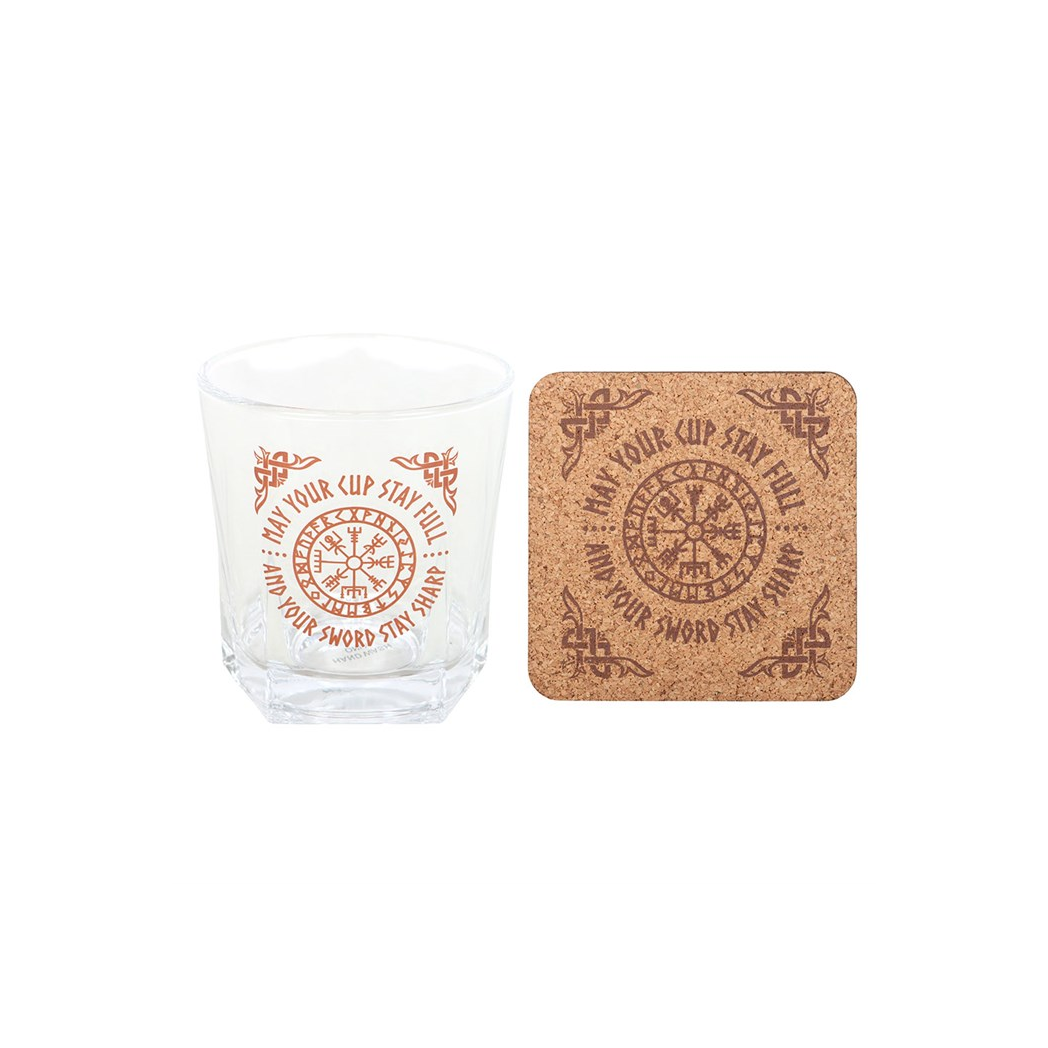 Viking Compass Lowball Drinking Glass with Coaster