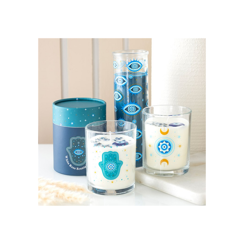 Under Watchful Eyes White Rose Candle with Crystals