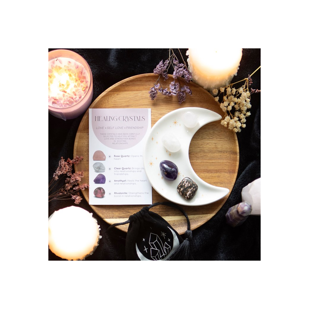 Love healing crystal set with moon trinket dish