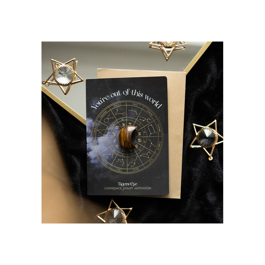 Out Of This World greeting card with tiger's eye crystal moon keepsake