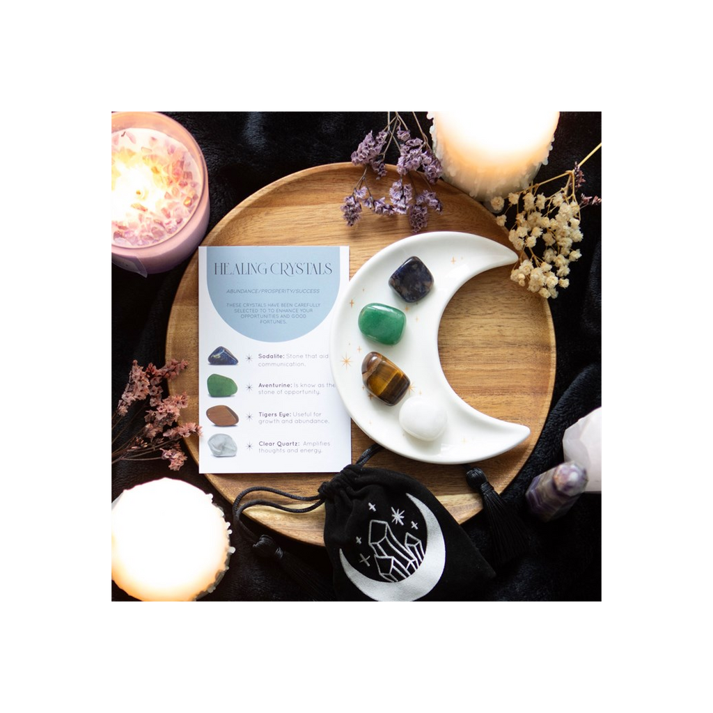 Success healing crystal set with moon trinket dish