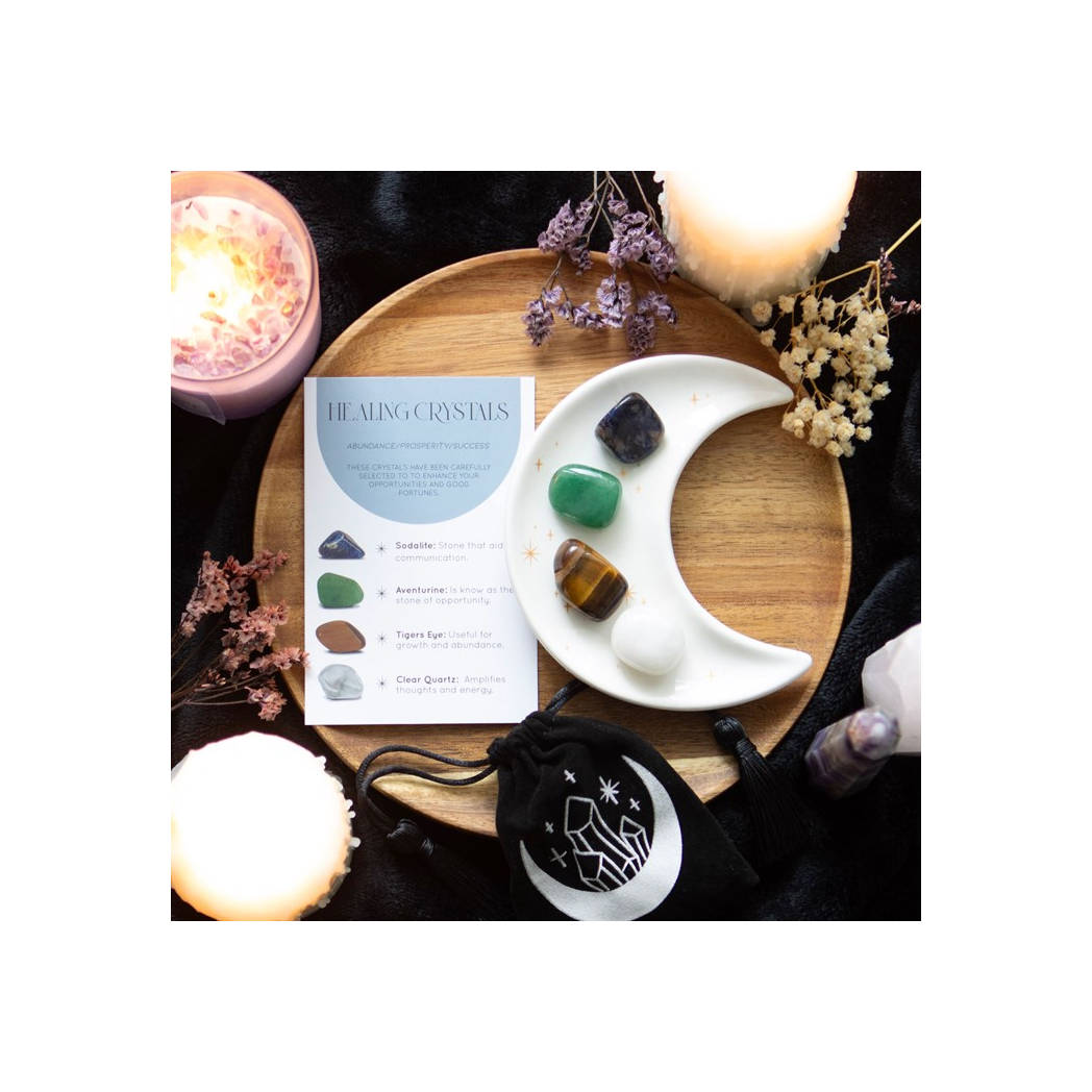 Success healing crystal set with moon trinket dish