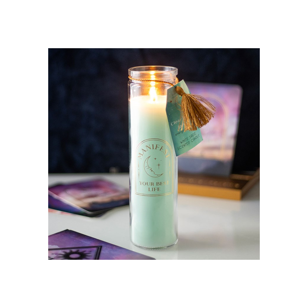 White Sage Tube Candle with Clear Quartz Crystals