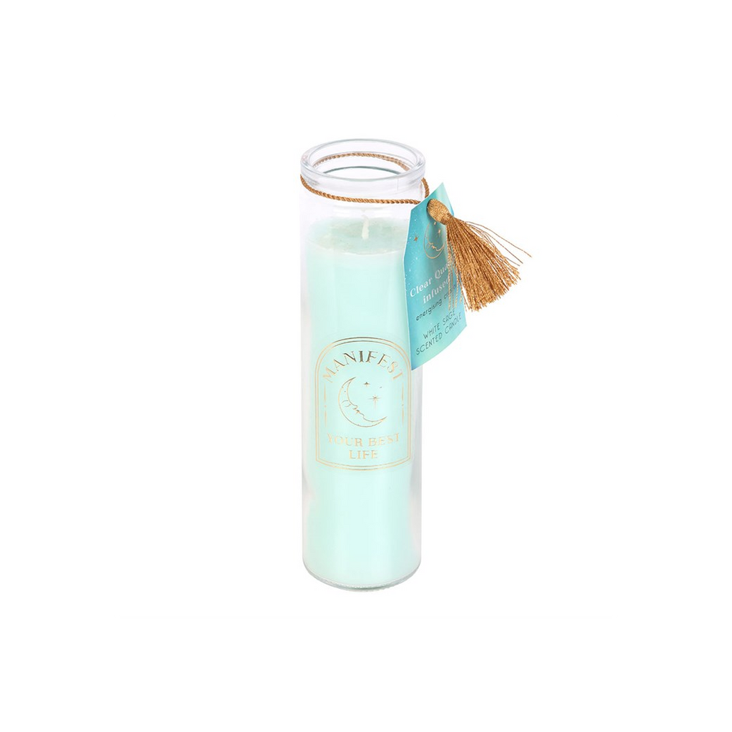 White Sage Tube Candle with Clear Quartz Crystals