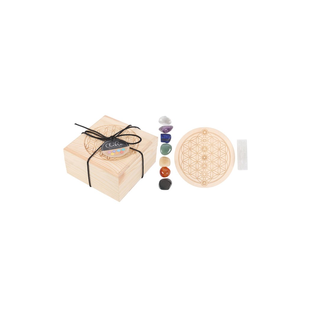 Chakra crystal grid gift set with stones and wooden grid