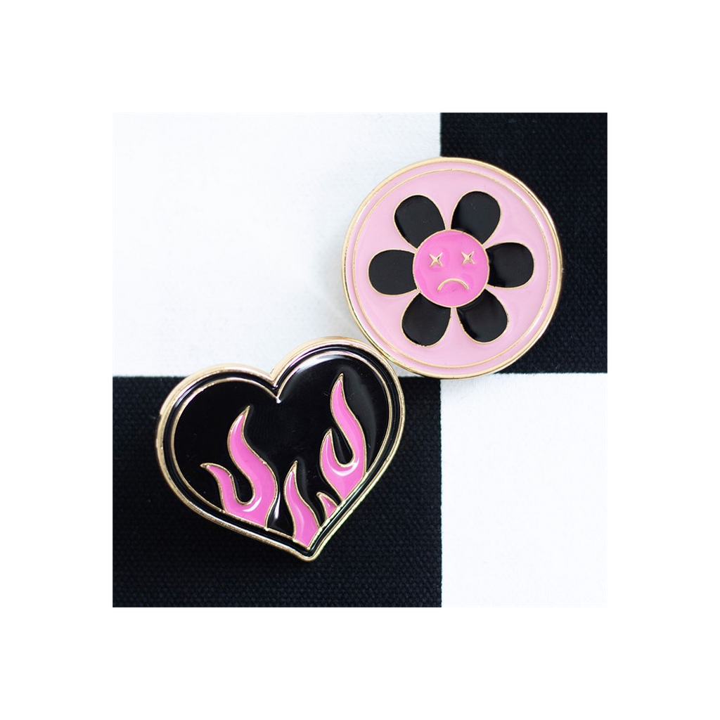 Burning Heart and Sad Flower Pin Badge Set